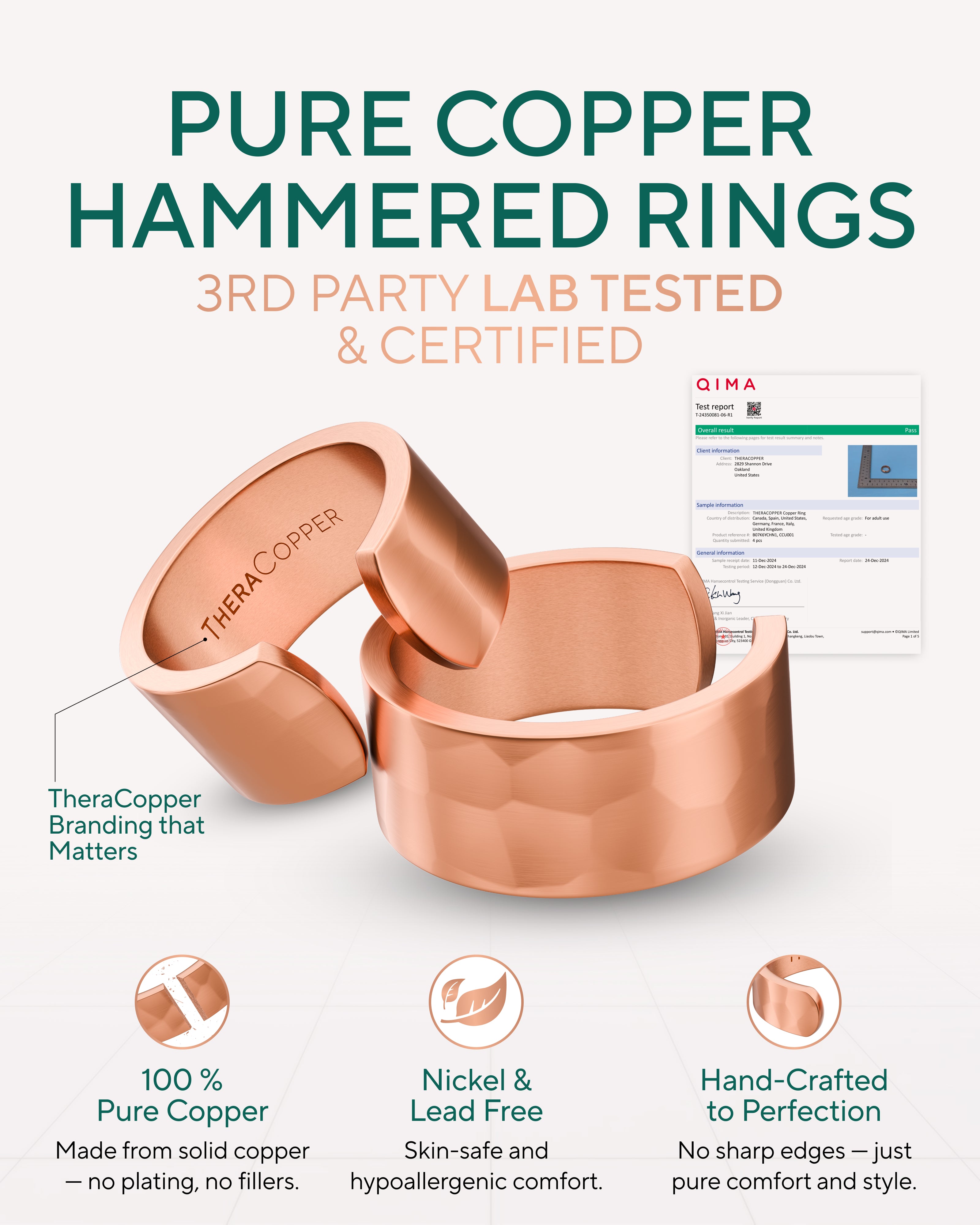 10mm hammered solid copper ring for men