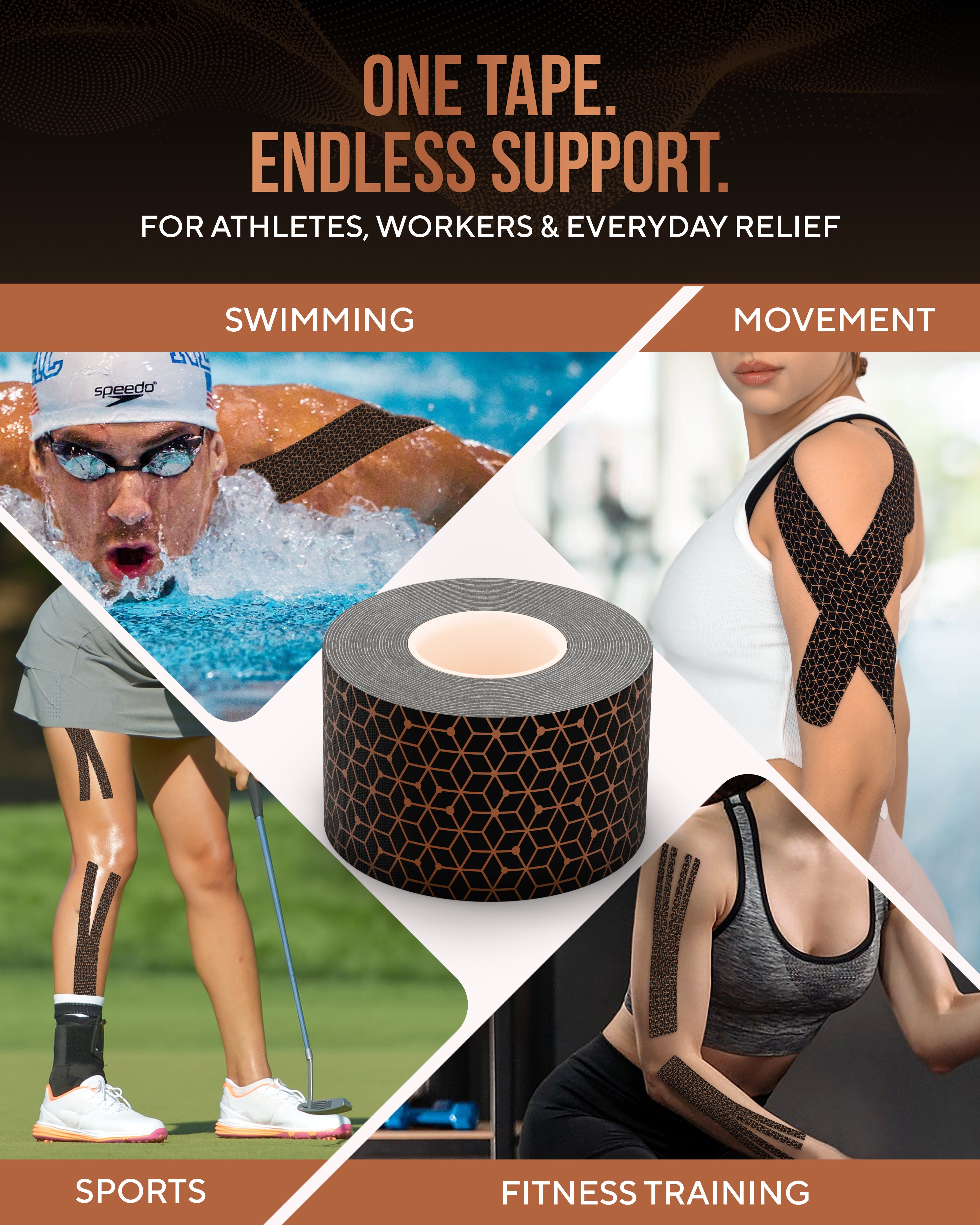 Copper Infused Kinesiology Tape – 2 Rolls (40 Precut Strips)