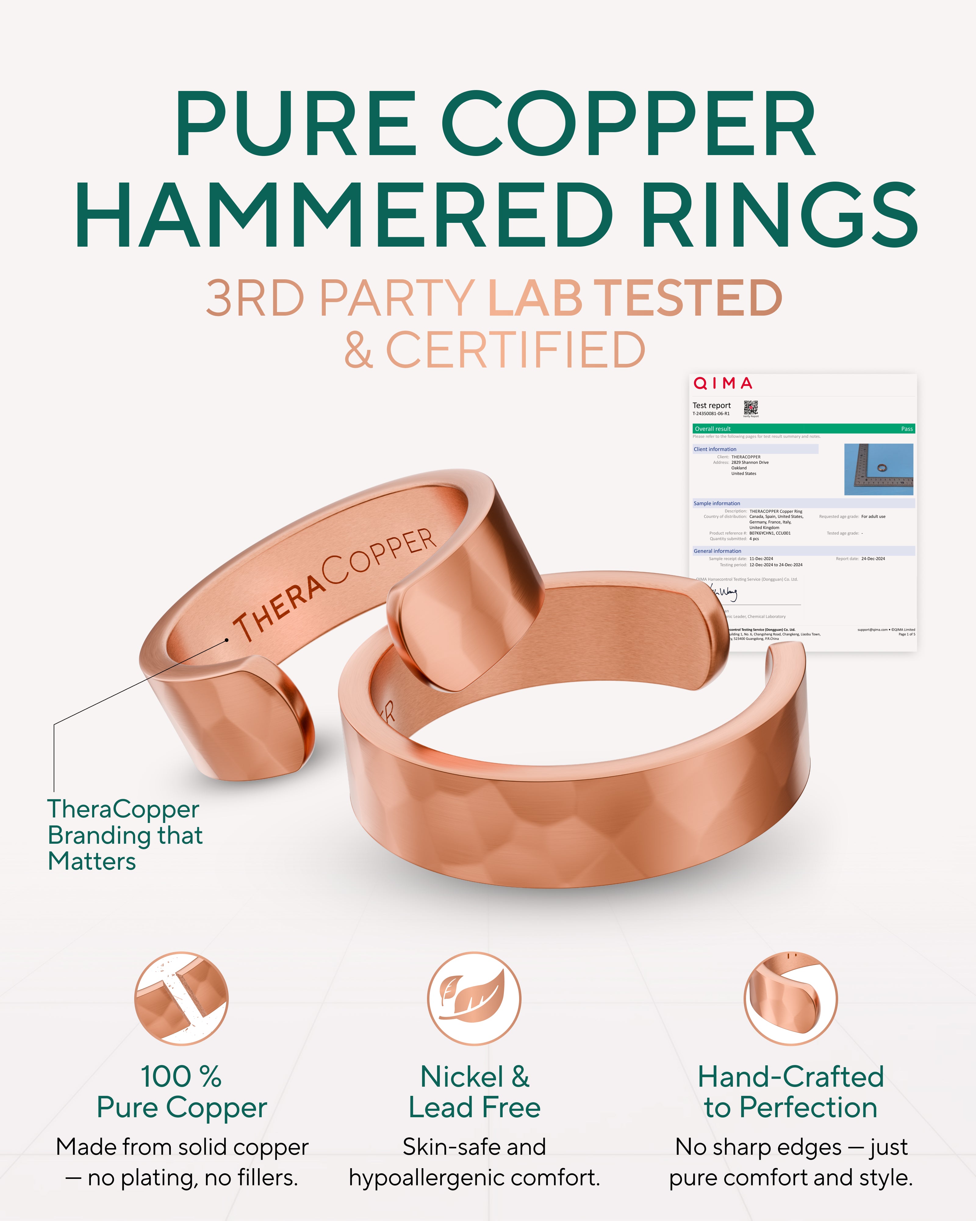 6mm hammered solid copper ring for men