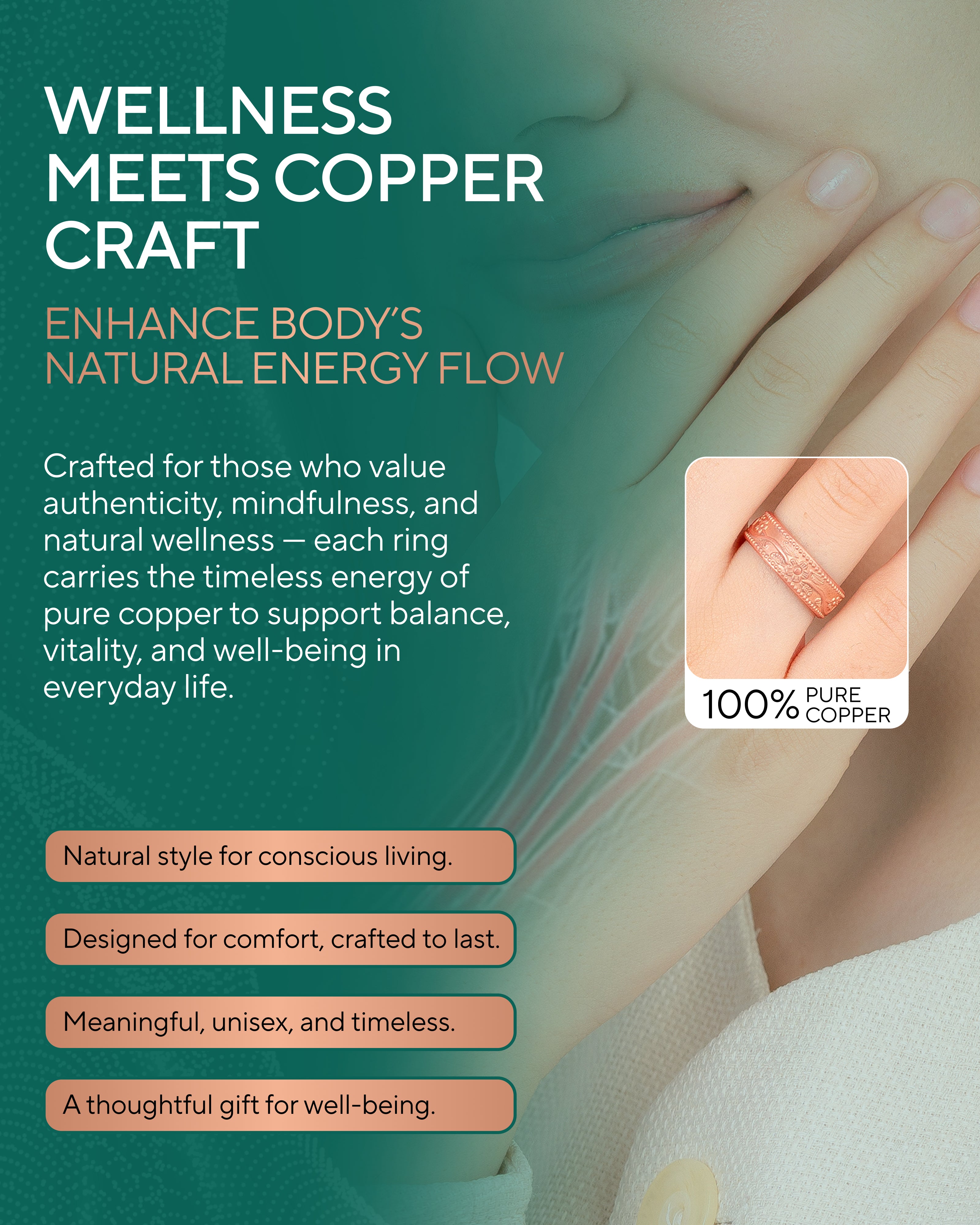 Pure copper floral ring for women