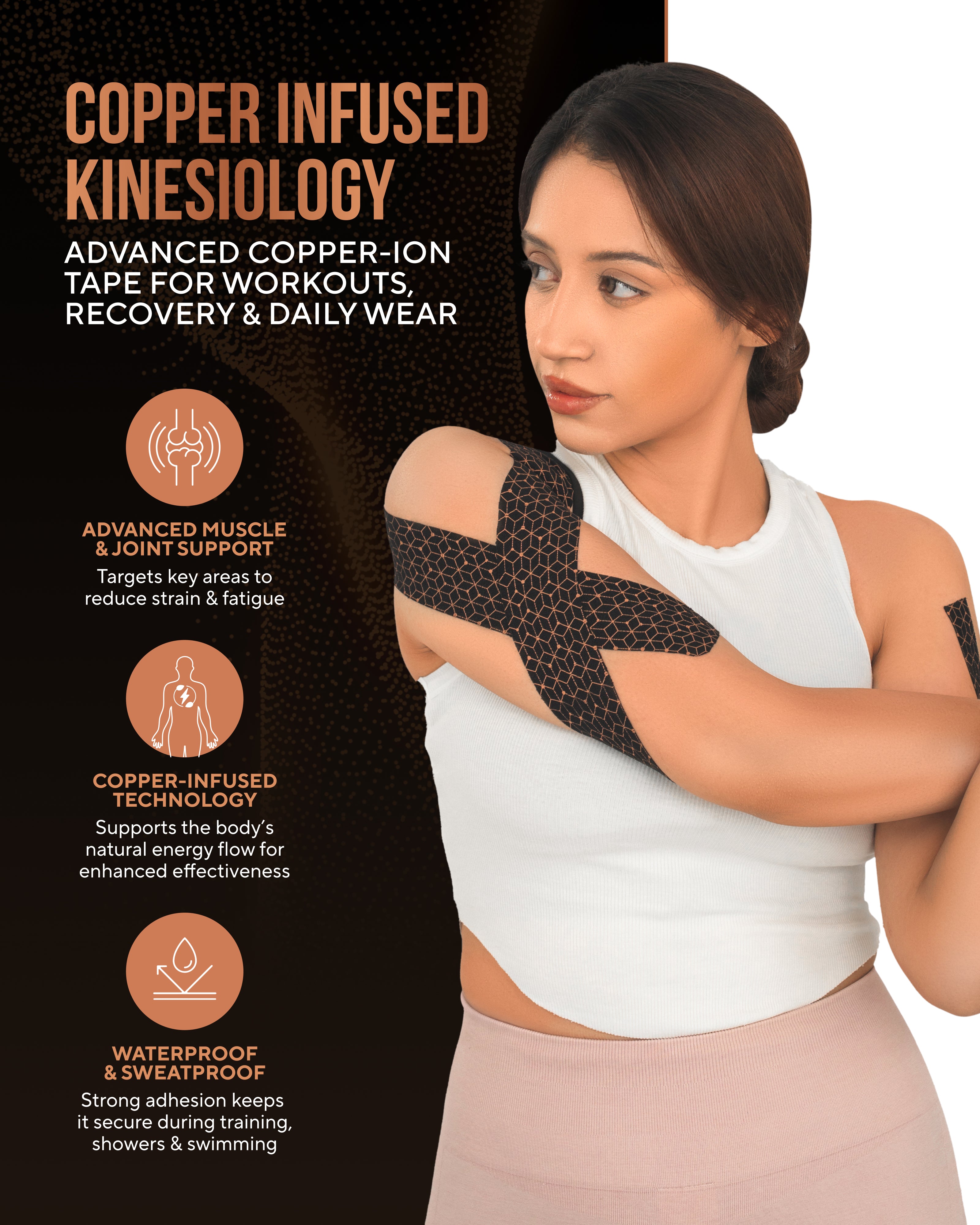 Copper Infused Kinesiology Tape – 2 Rolls (40 Precut Strips)