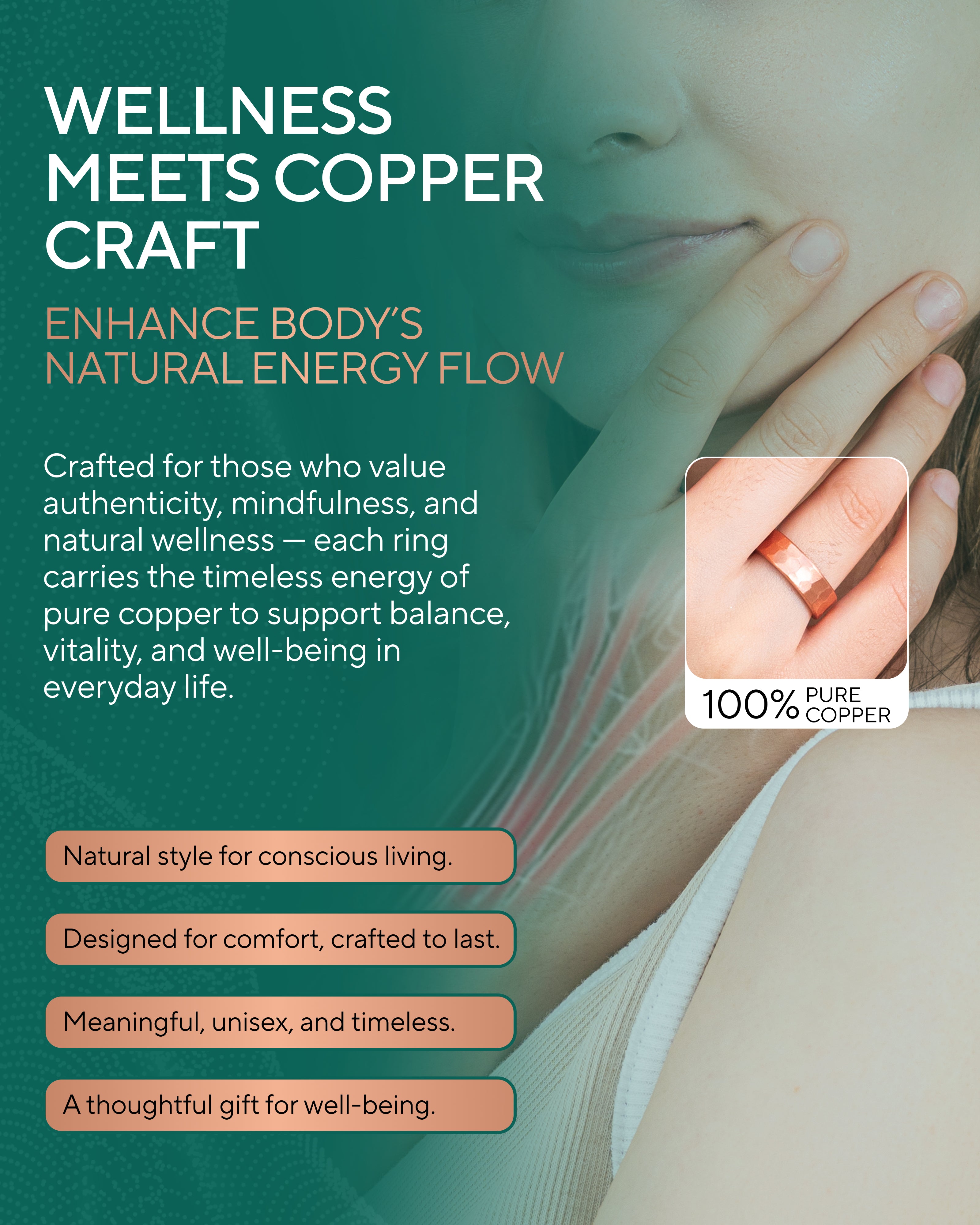 Pure copper hammered ring for women