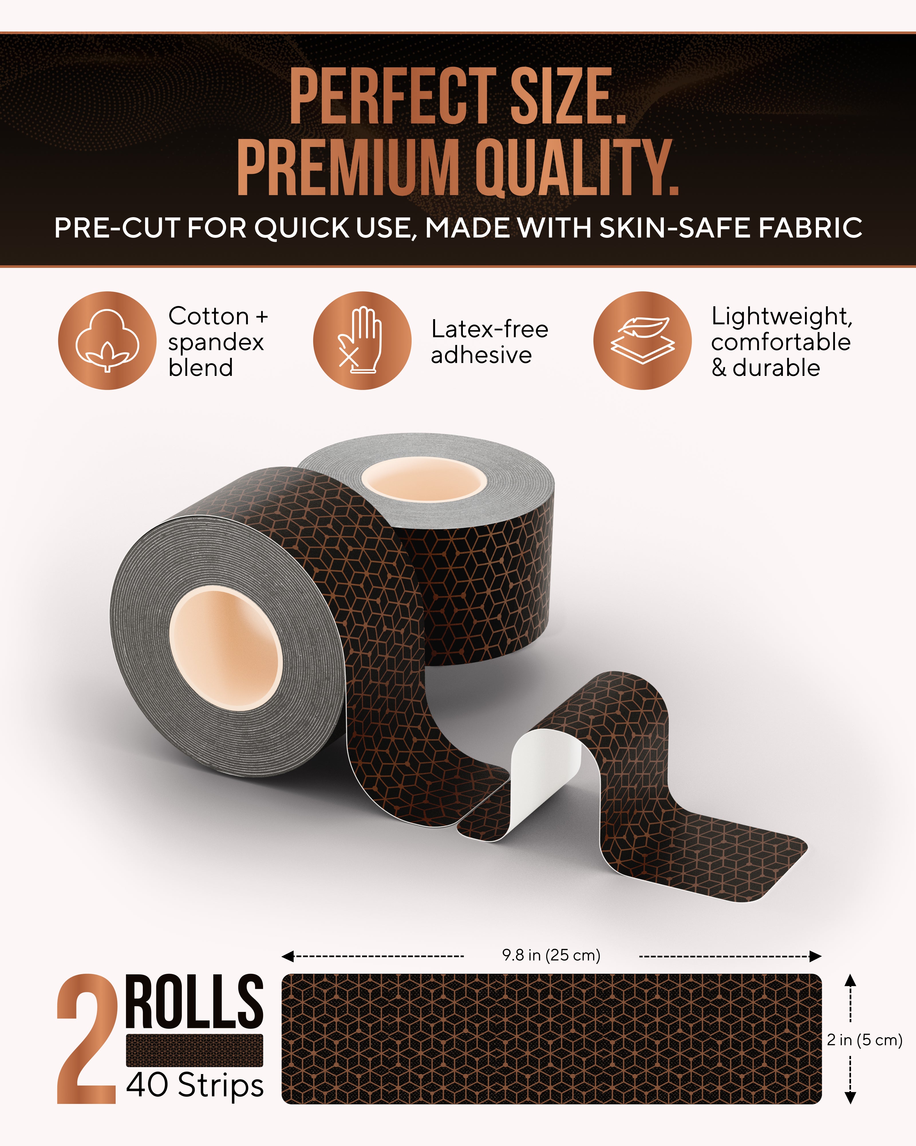 Copper Infused Kinesiology Tape – 2 Rolls (40 Precut Strips)