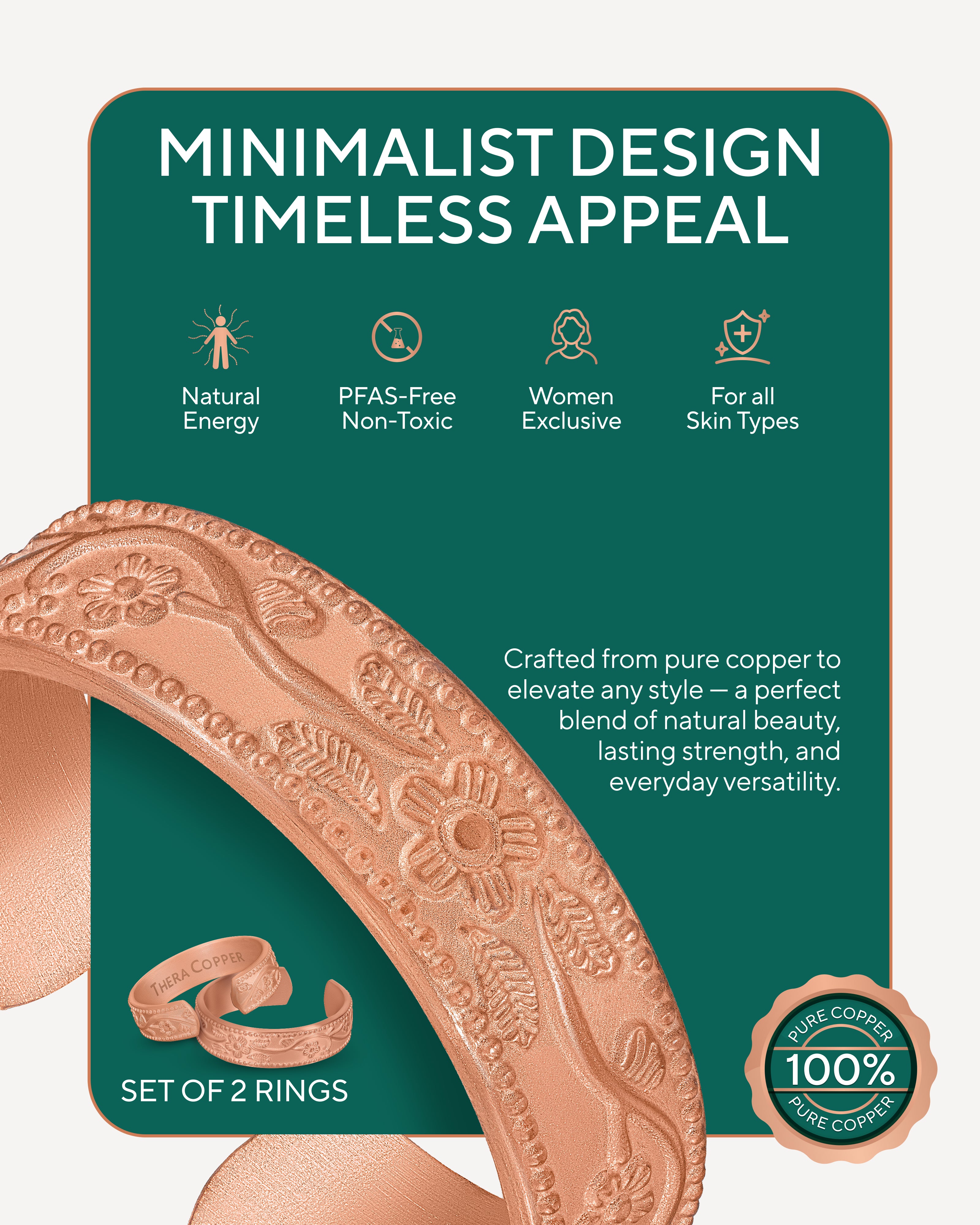 Detailed floral copper ring design 6mm