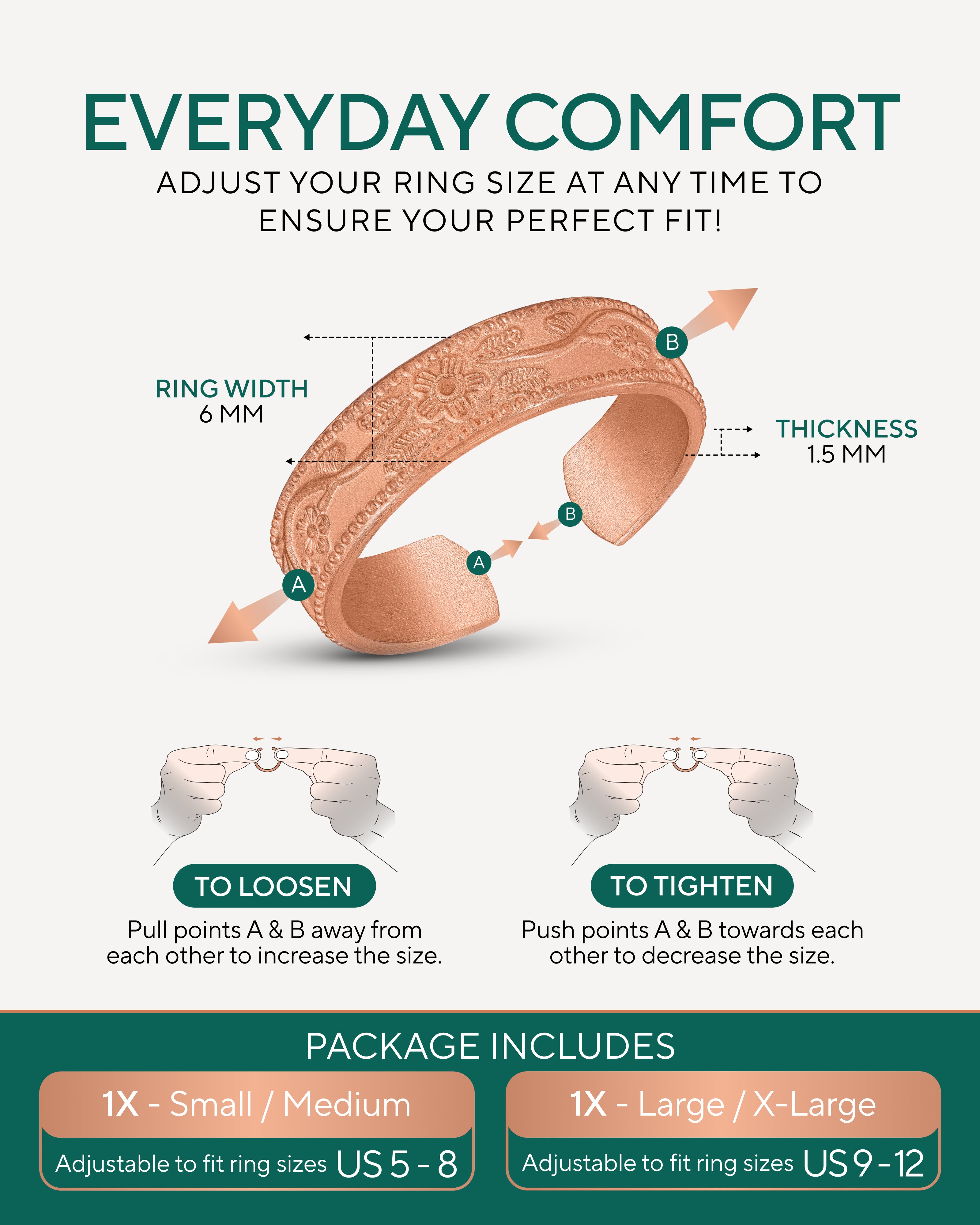 Floral pure copper ring set 6mm - TheraCopper