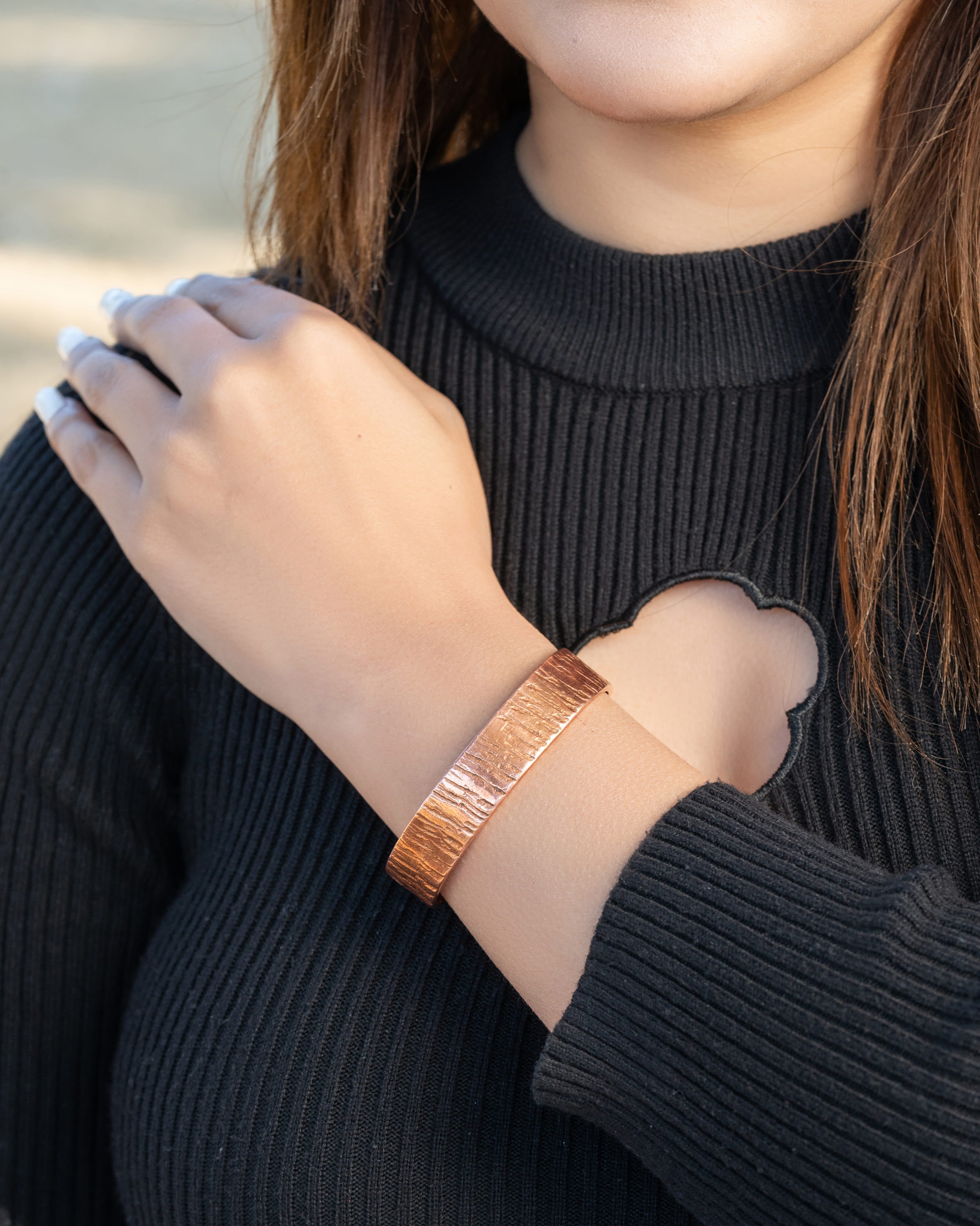 Pure Copper Cuff Bracelet Duo – Hammered & Timber