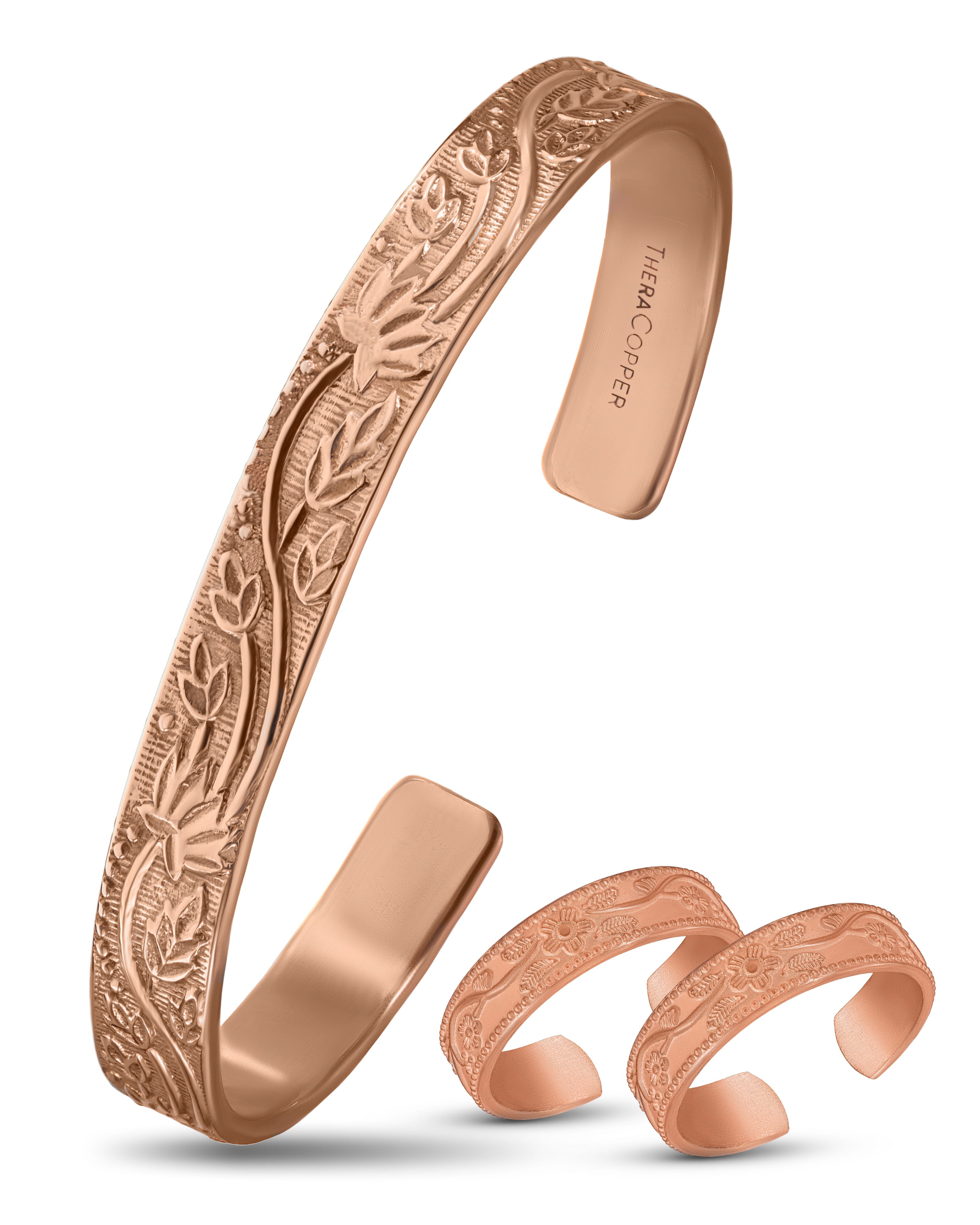 Women’s Pure Copper Floral Cuff Bracelet Duo – Floral & Ring