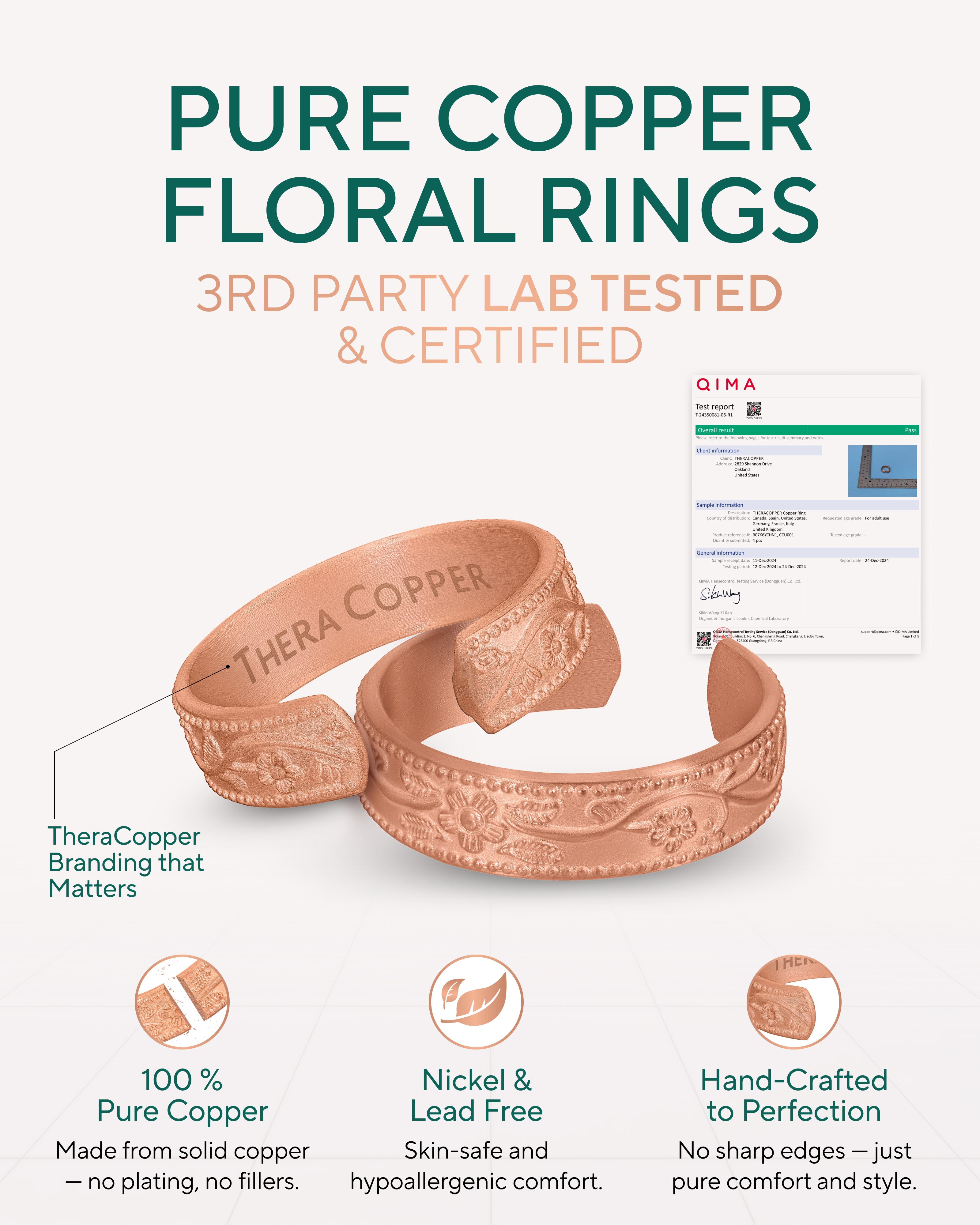 Real copper floral ring set 6mm