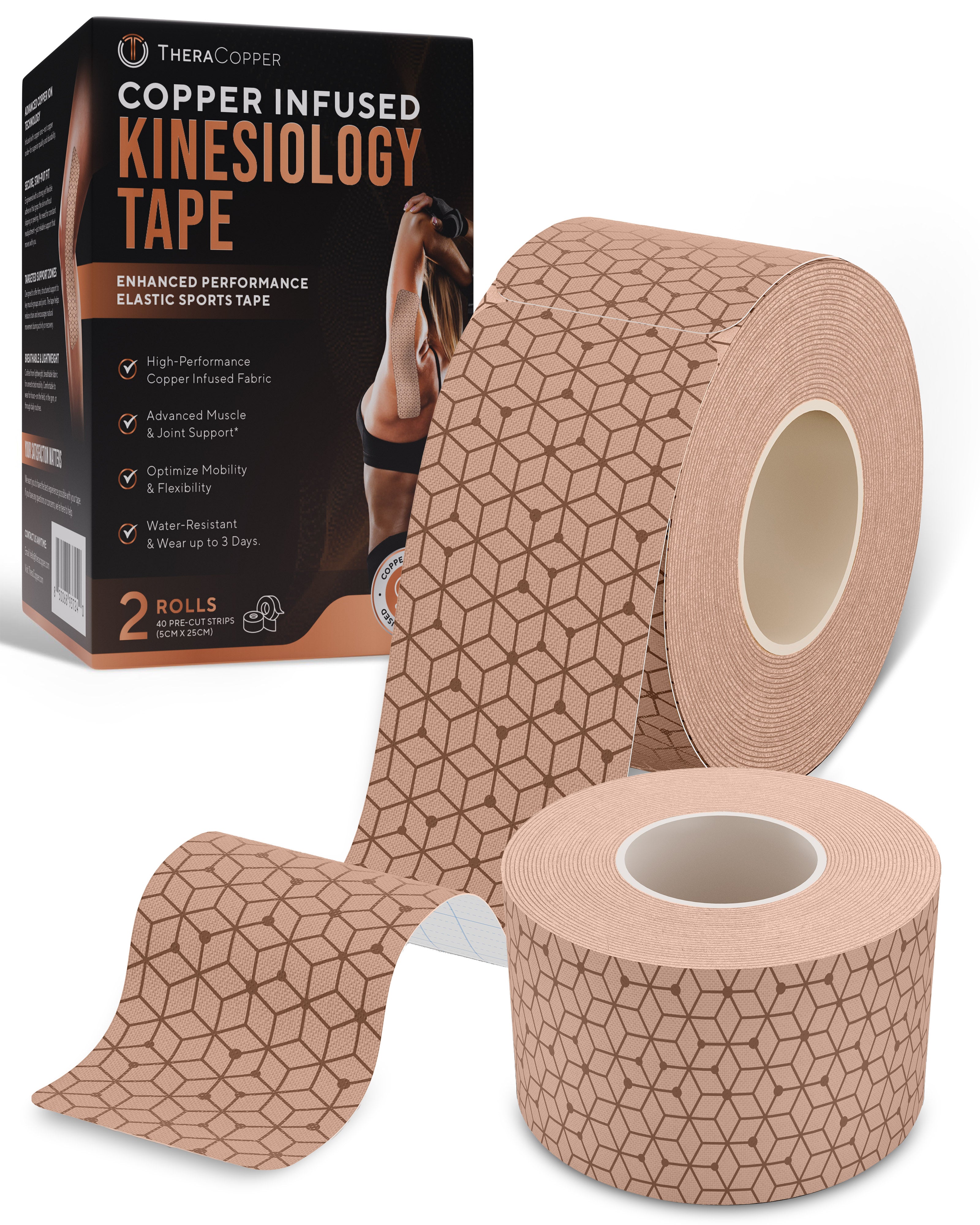 Copper Infused Kinesiology Tape (Tan) – 2 Rolls (40 Precut Strips)