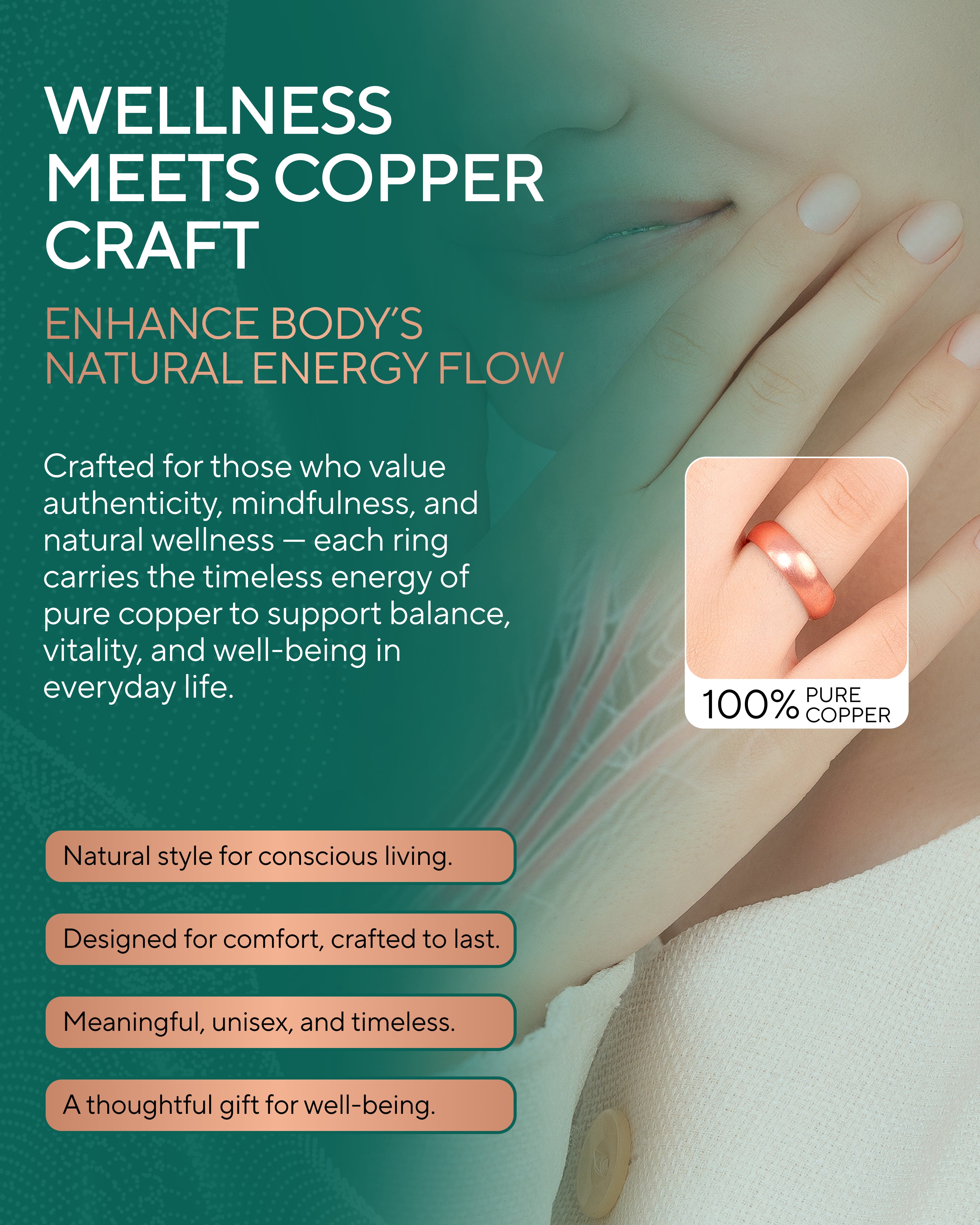 Pure copper domed ring for women