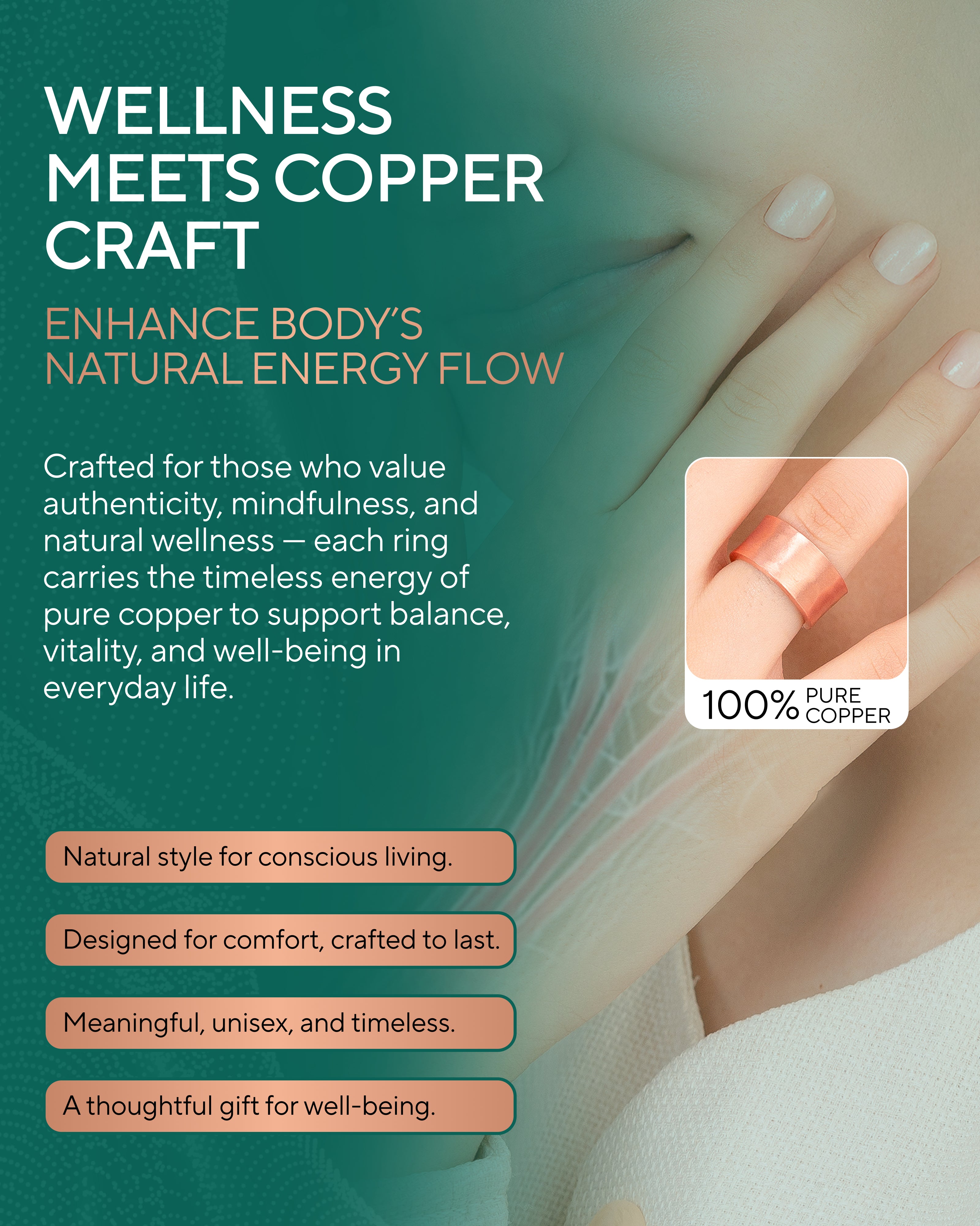 Pure copper hammered ring for women 10mm