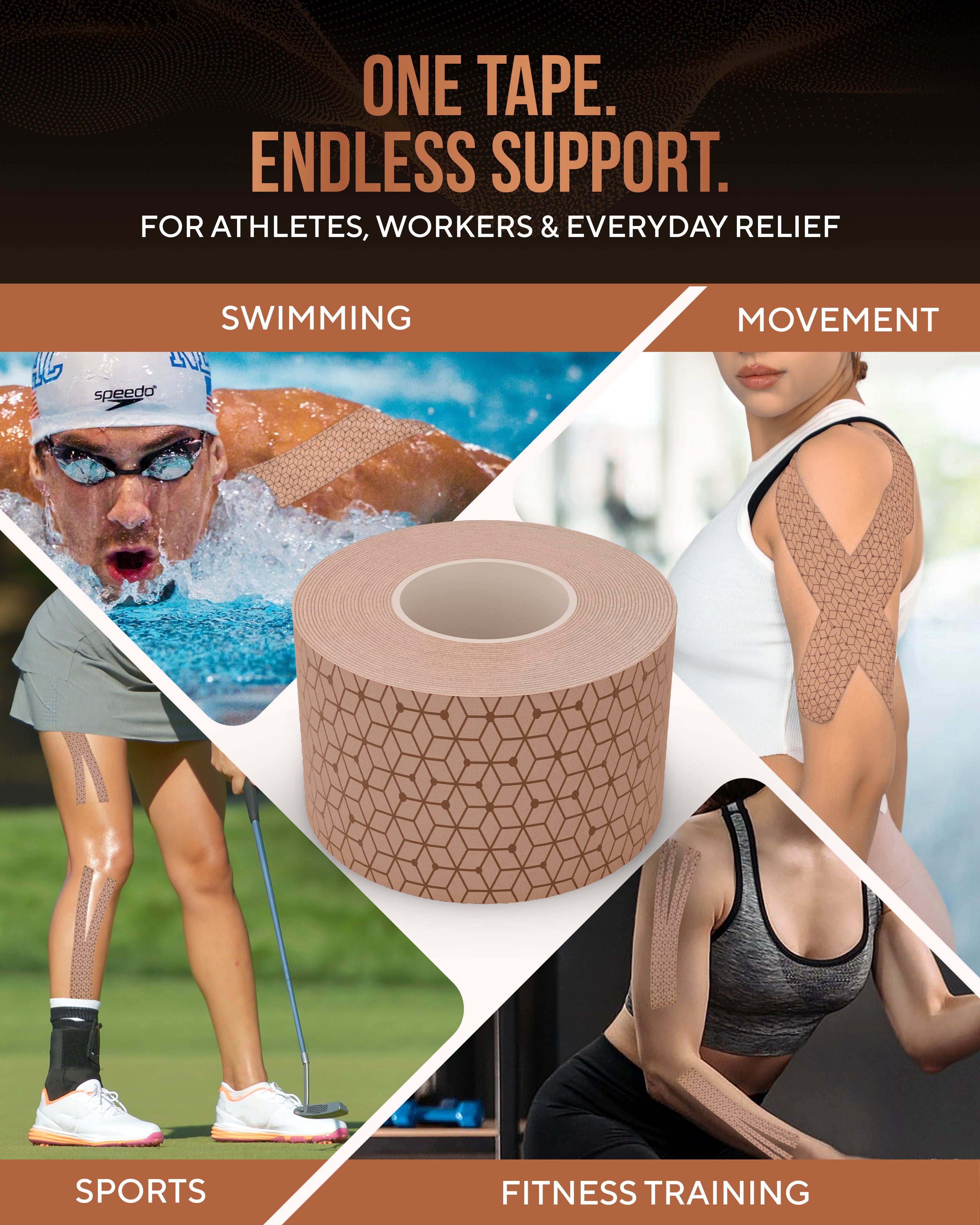 Copper Infused Kinesiology Tape (Tan) – 2 Rolls (40 Precut Strips)