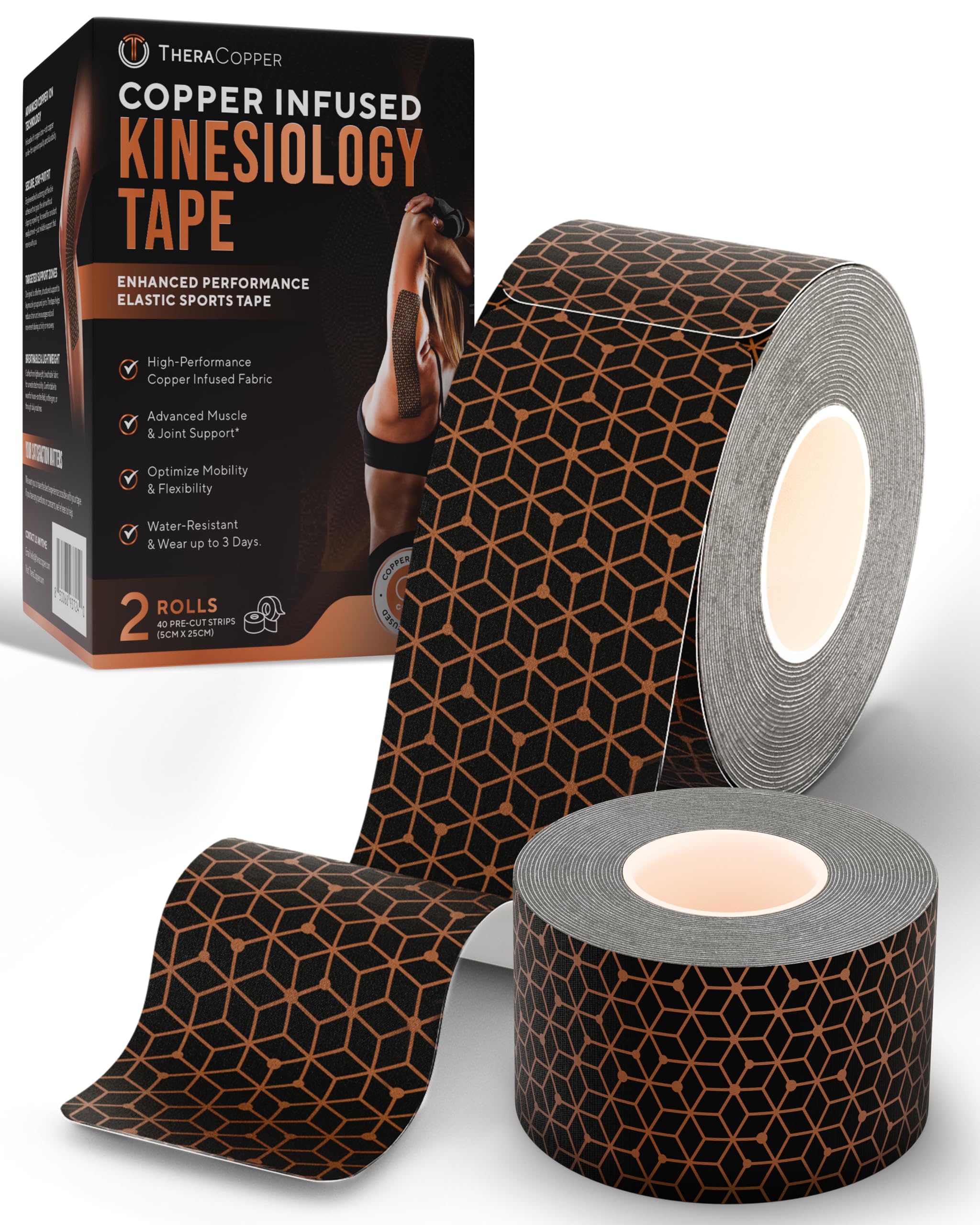 Copper Infused Kinesiology Tape – 2 Rolls (40 Precut Strips)