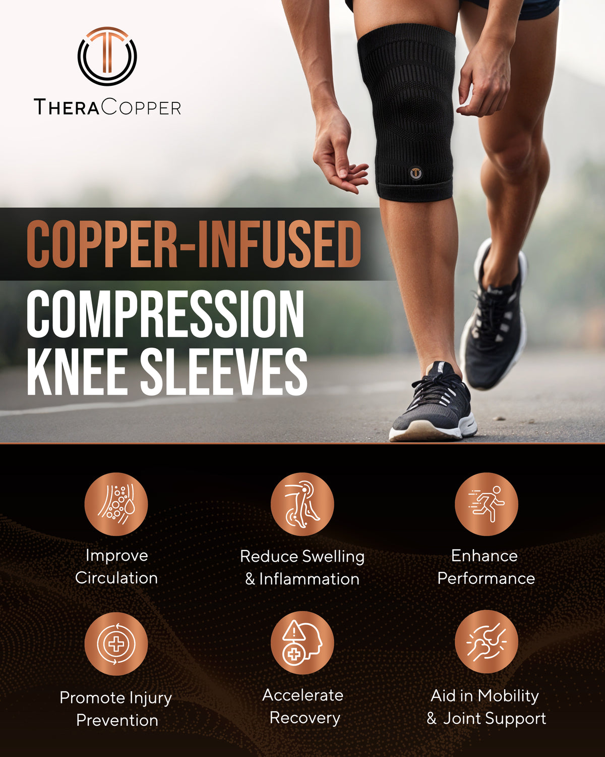Copper Knee Sleeve | Knee Compression Men Women 2 Pack