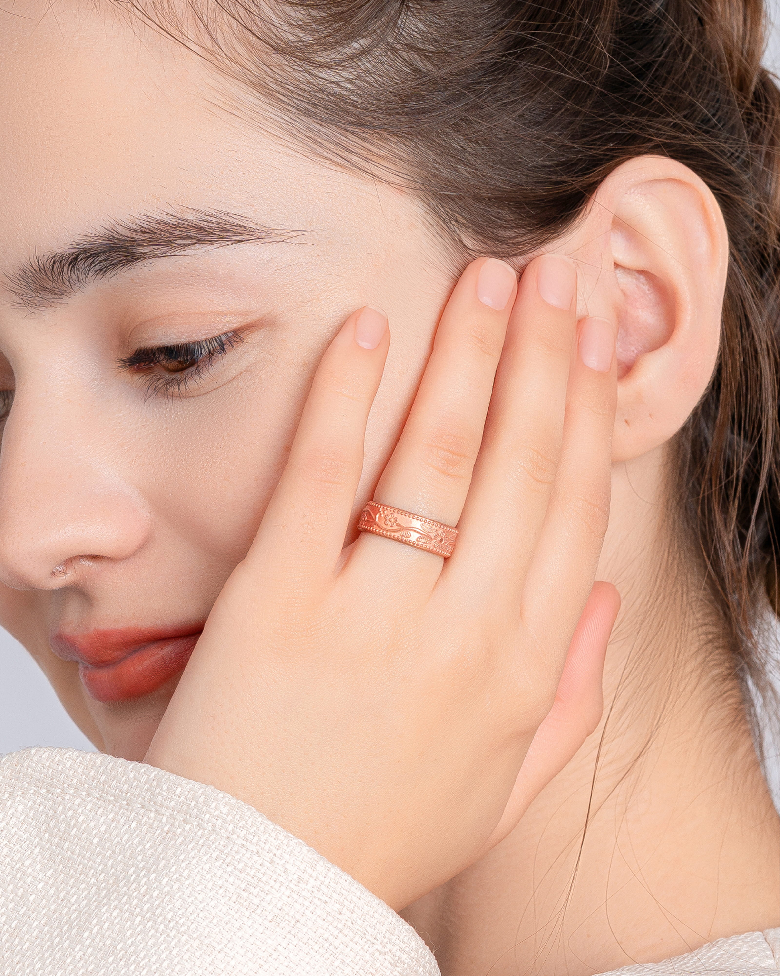 Women’s Pure Copper Floral Cuff Bracelet Duo – Floral & Ring